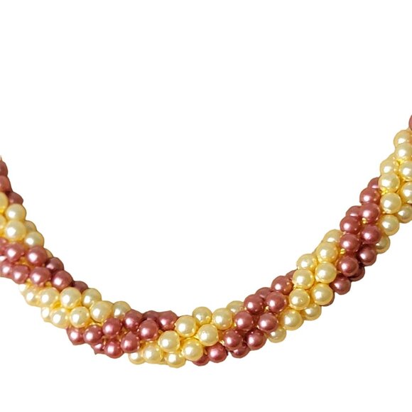 Vintage 60s Beaded Necklace Women Jewelry Gold Pink Peach Beads Formal 17 inch - Picture 1 of 13